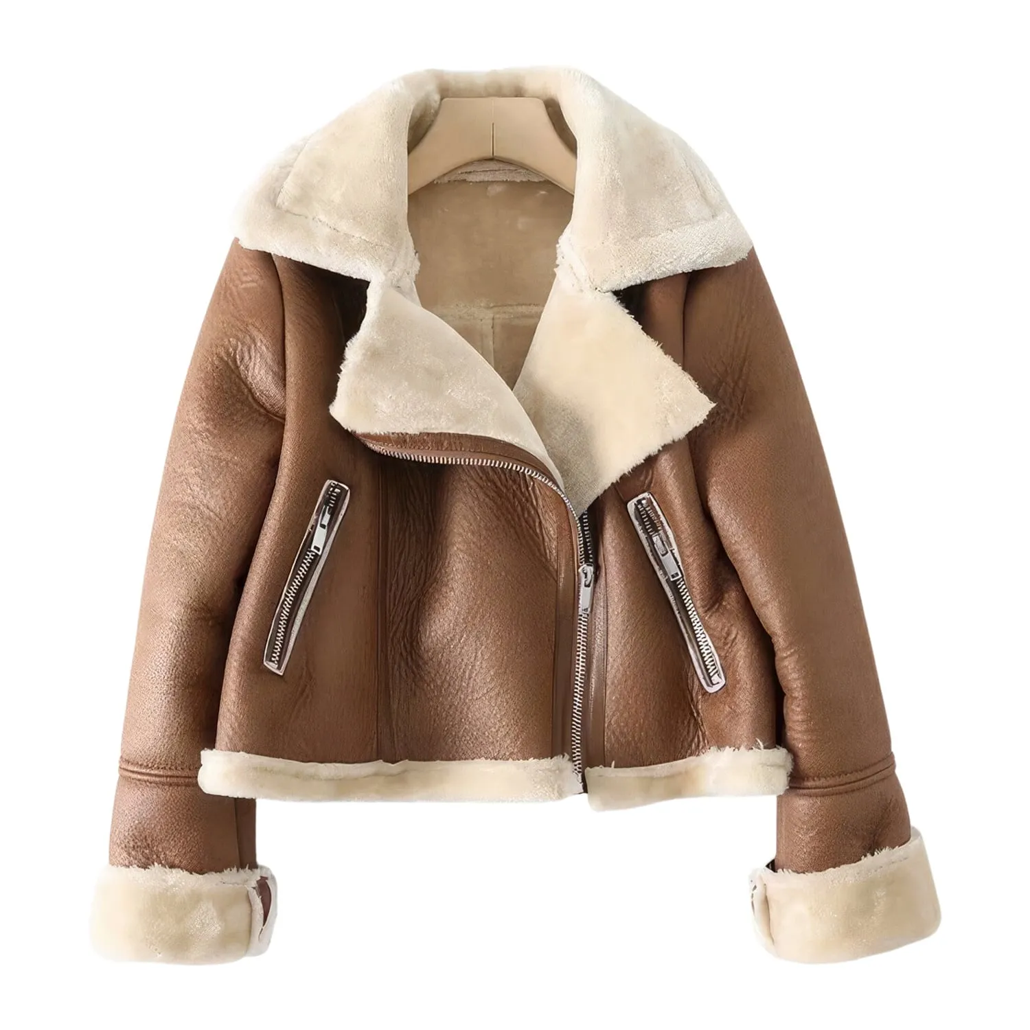 Brown Aviator Genuine Sheepskin Sherpa Shearling Faux Fur Women's Winter Warm Bomber Flight Pilot Leather Jacket