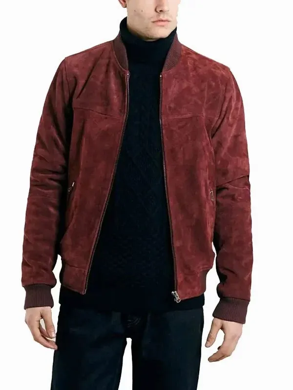 Burgundy Suede Bomber Jacket for Men