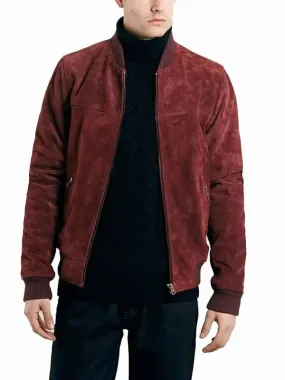 Burgundy Suede Bomber Jacket for Men