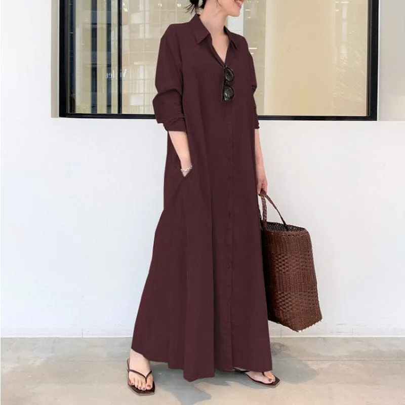 Button Down Solid Long Shirt Dress