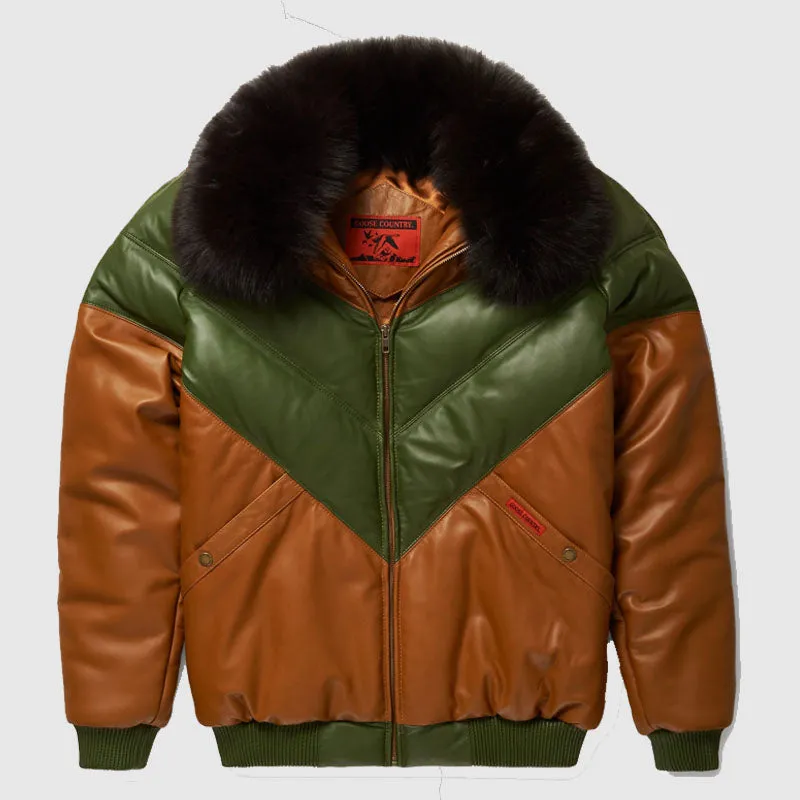 Buy Genuine Quality Brown-Green Leather Two Tone V Bomber Jacket