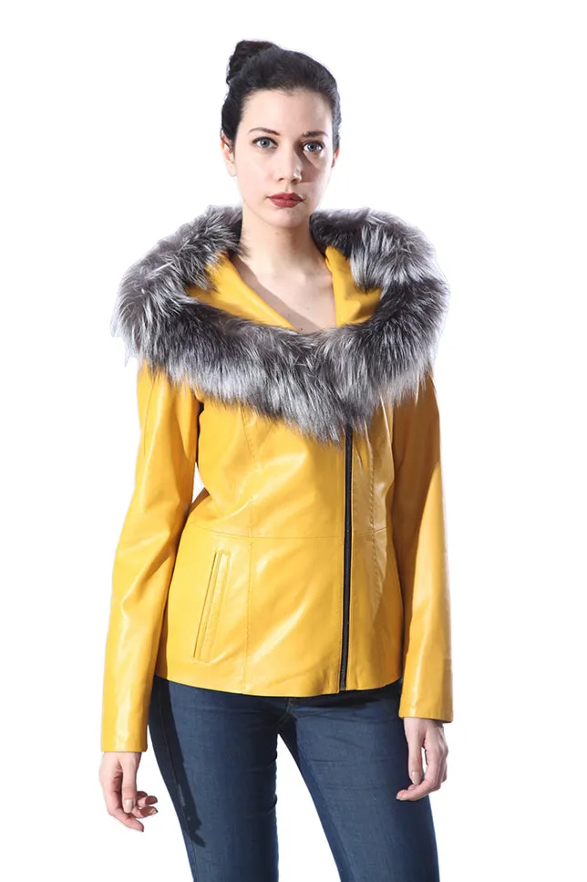 Cidra Womens Real Silver Fox Fur Hooded Leather Jacket