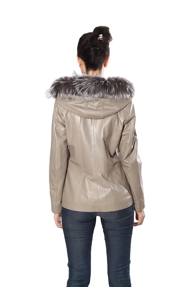 Cidra Womens Real Silver Fox Fur Hooded Leather Jacket