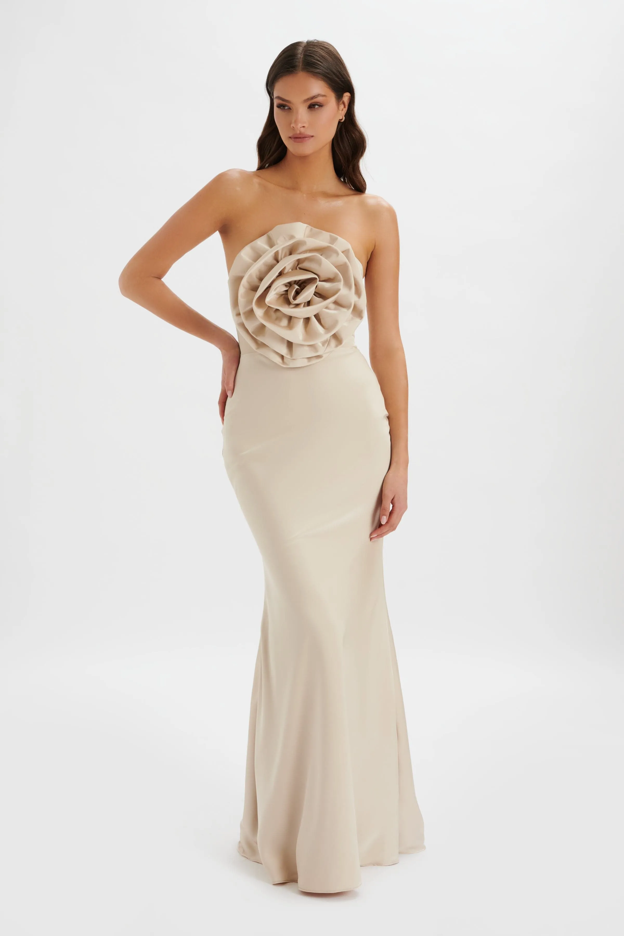 DALIA 3D Flower Bandeau Maxi Dress in Champagne