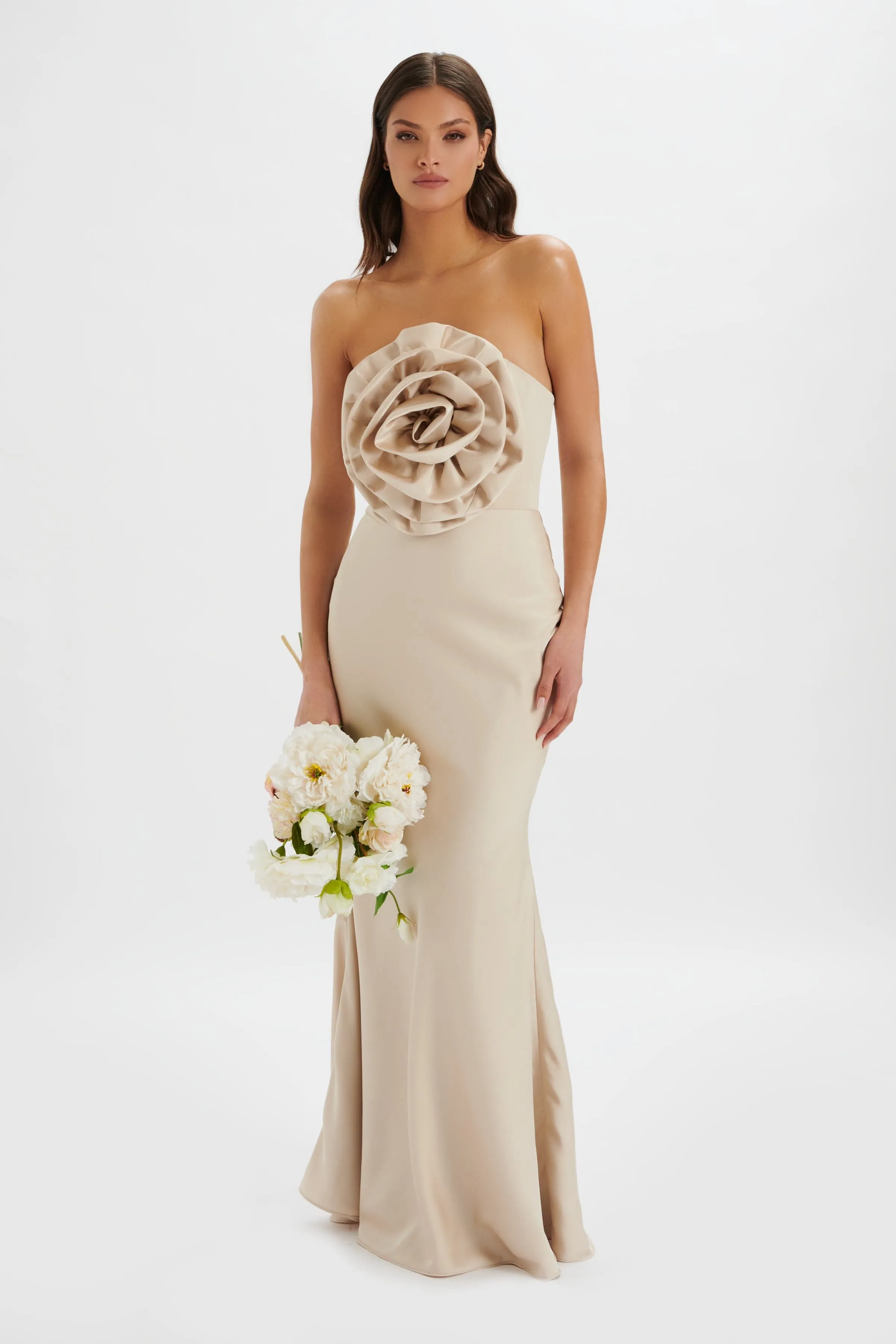 DALIA 3D Flower Bandeau Maxi Dress in Champagne