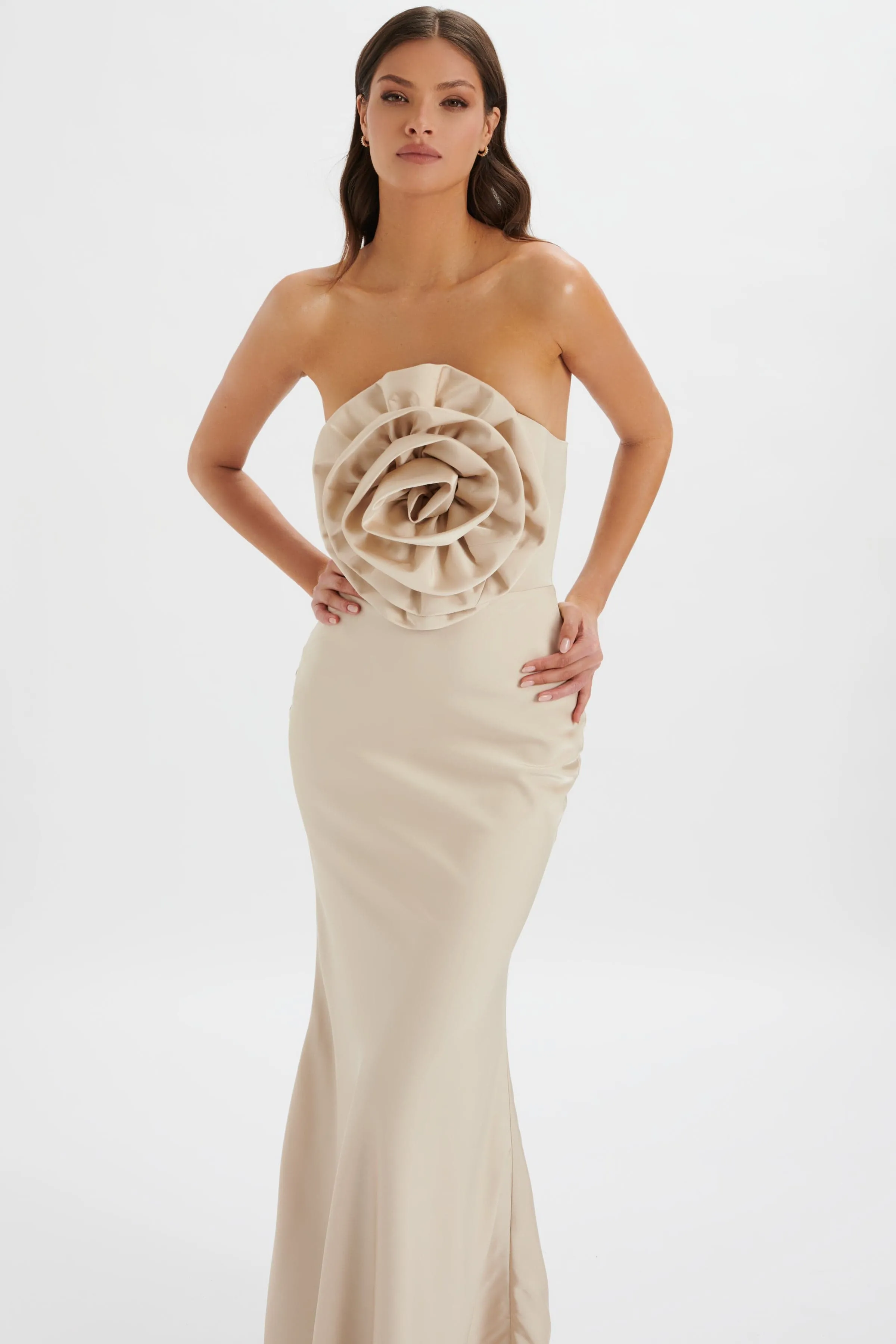 DALIA 3D Flower Bandeau Maxi Dress in Champagne