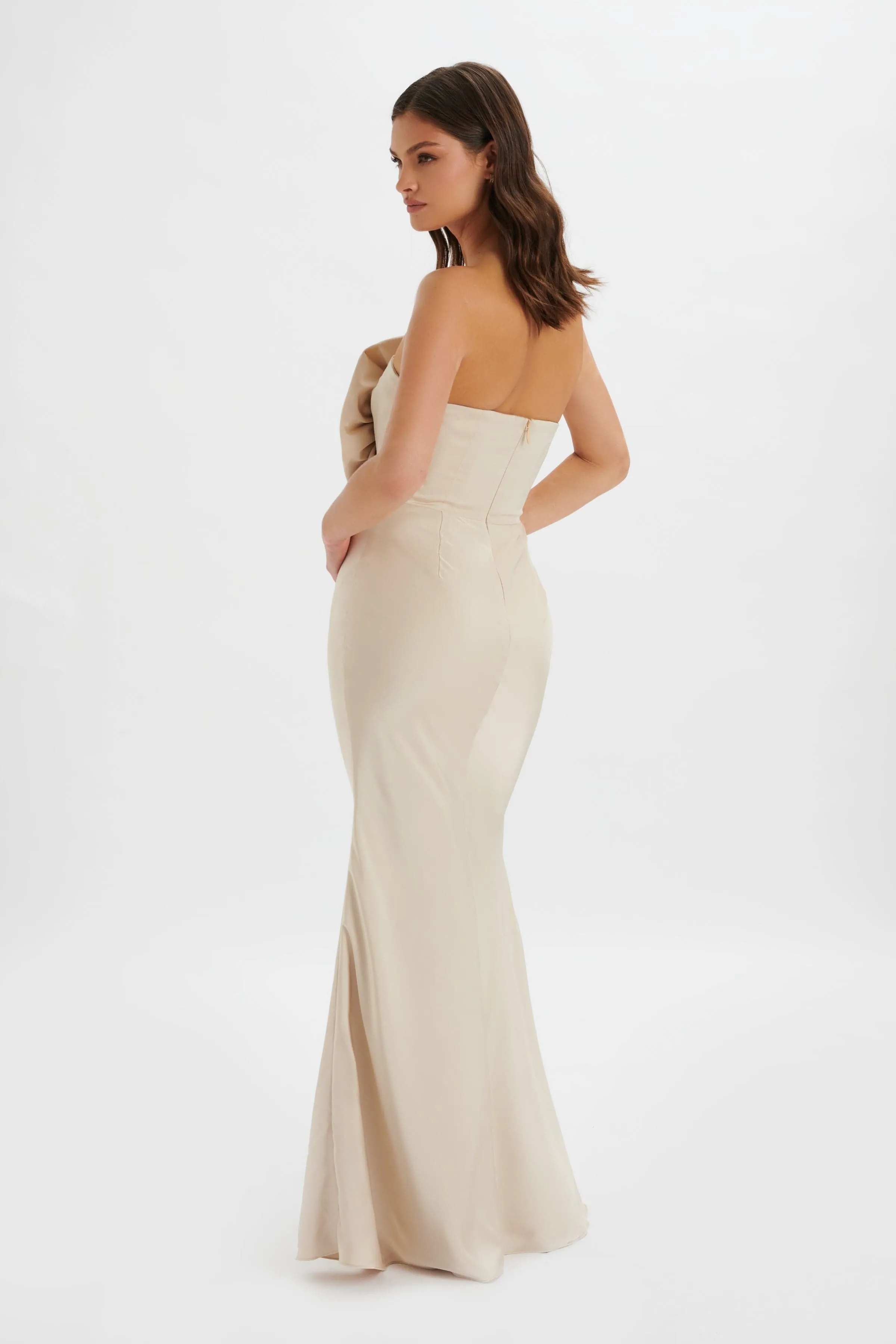 DALIA 3D Flower Bandeau Maxi Dress in Champagne