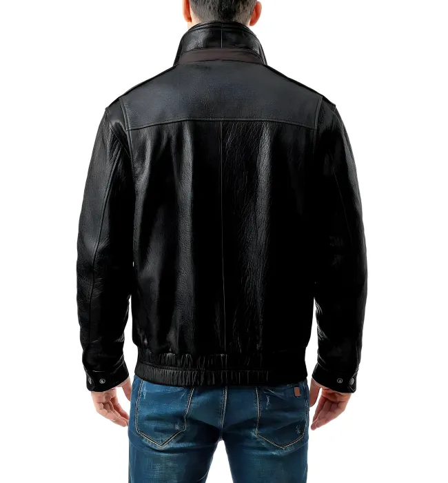 Dark Brown Double Collar Bomber Leather Jacket for Mens