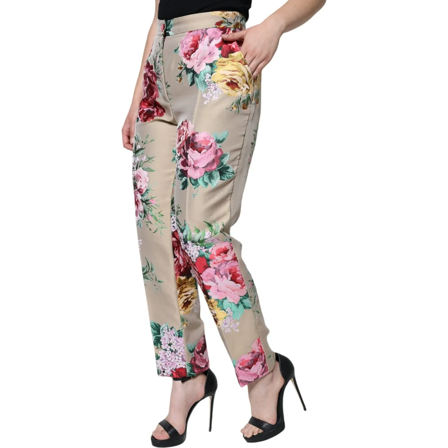 Dolce & Gabbana Beige Floral Jacquard High Waist Tapered Pants