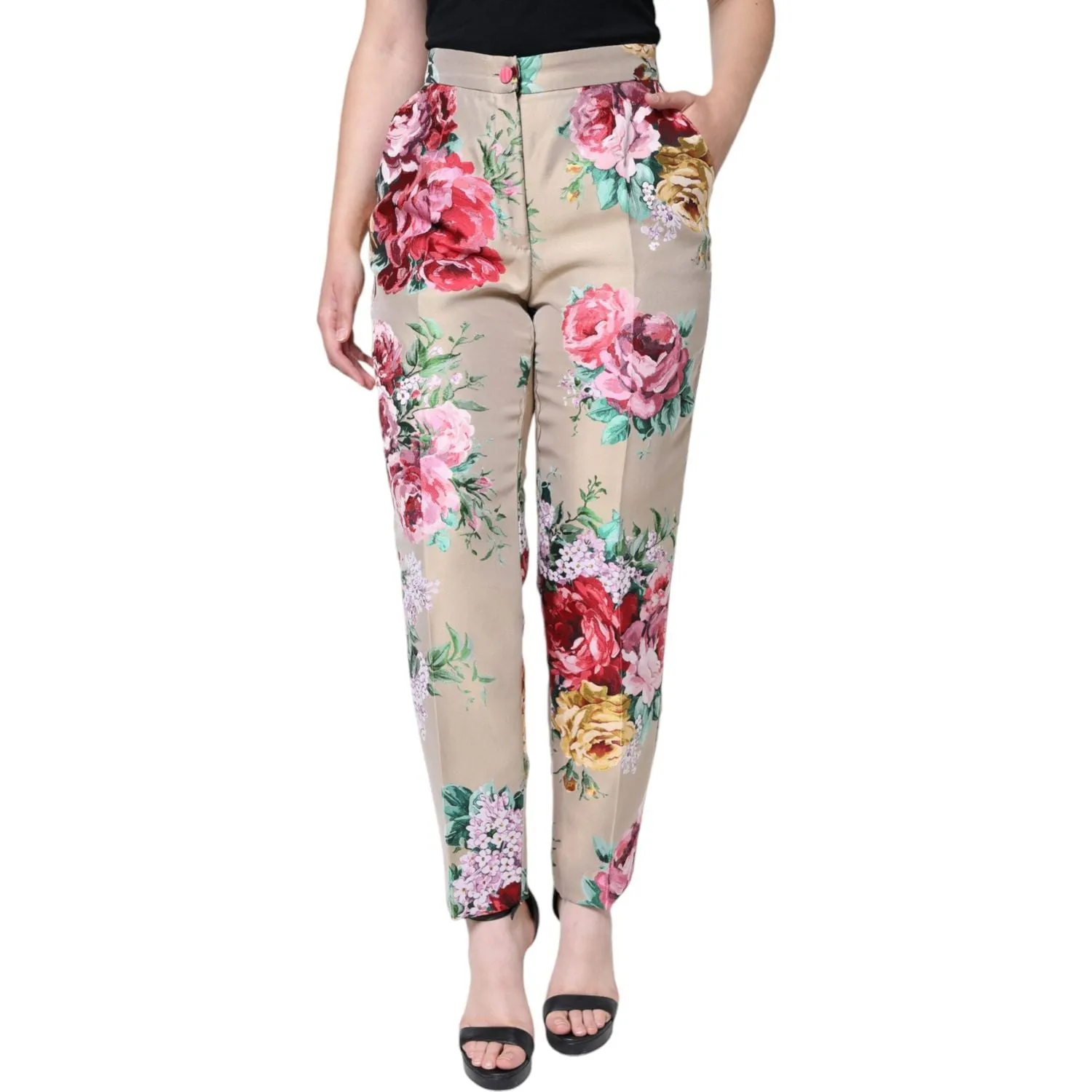 Dolce & Gabbana Beige Floral Jacquard High Waist Tapered Pants