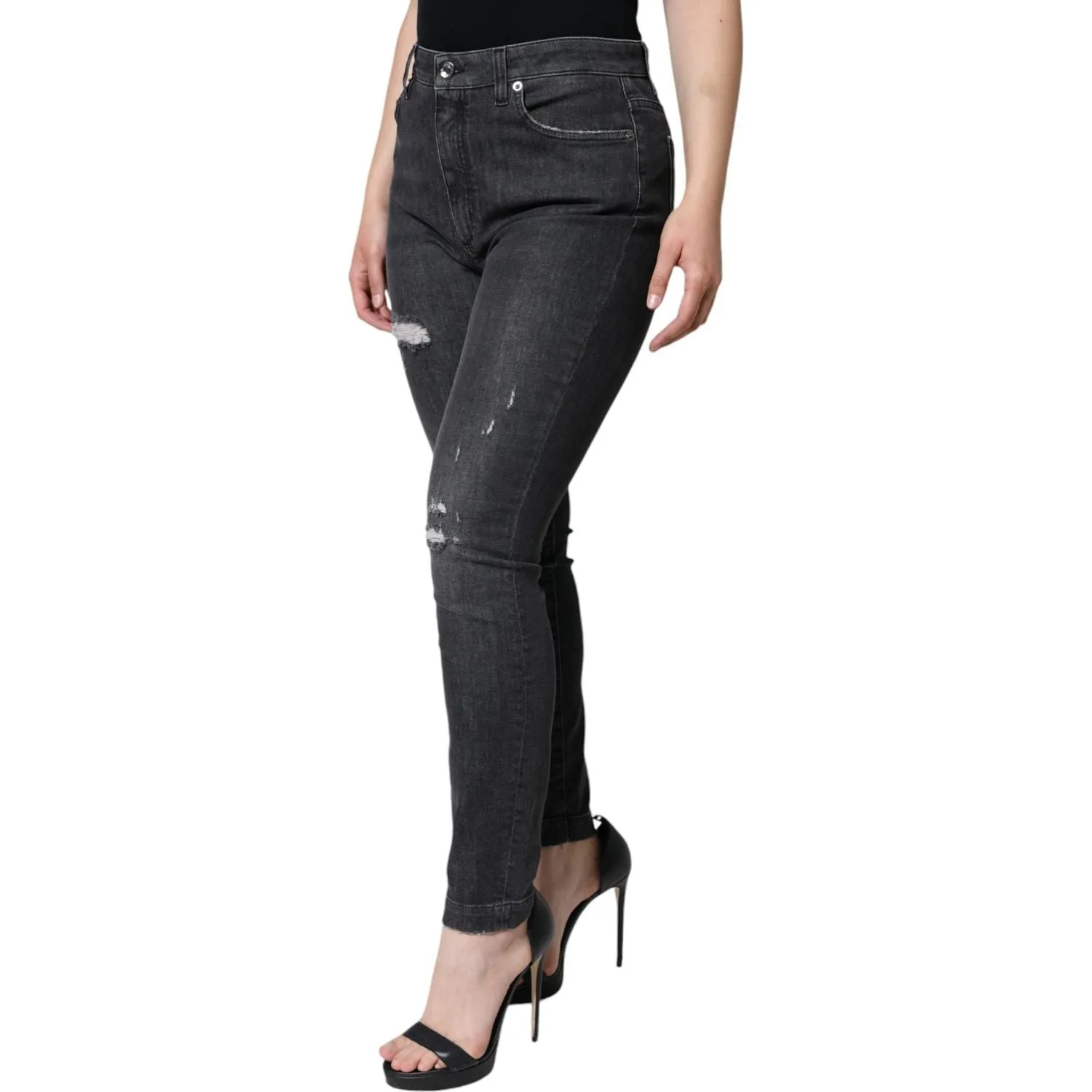 Dolce & Gabbana Black Cotton Stretch Tattered Skinny Jeans