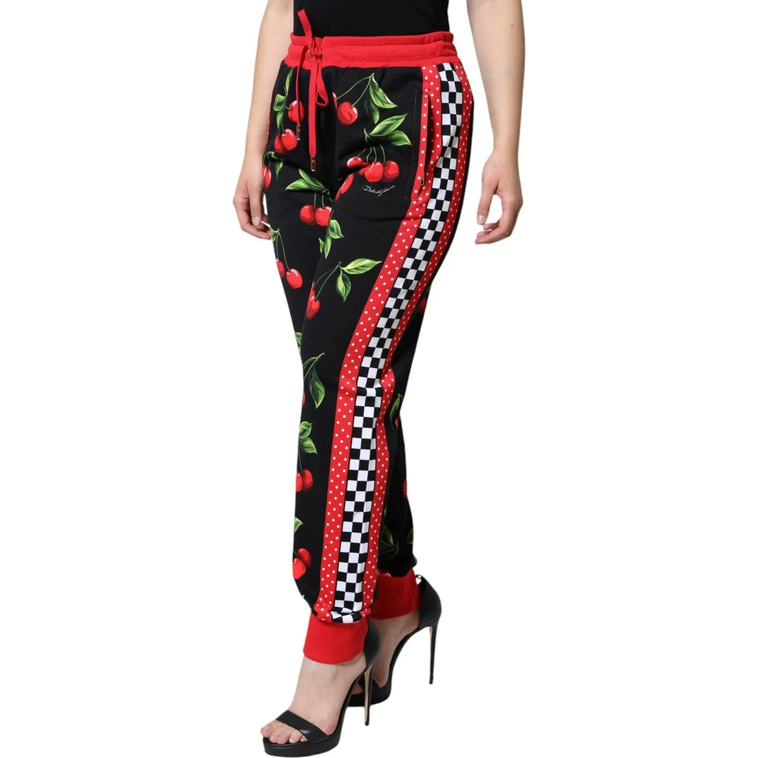 Dolce & Gabbana Black Red Cherry Mid Waist Jogger Pants