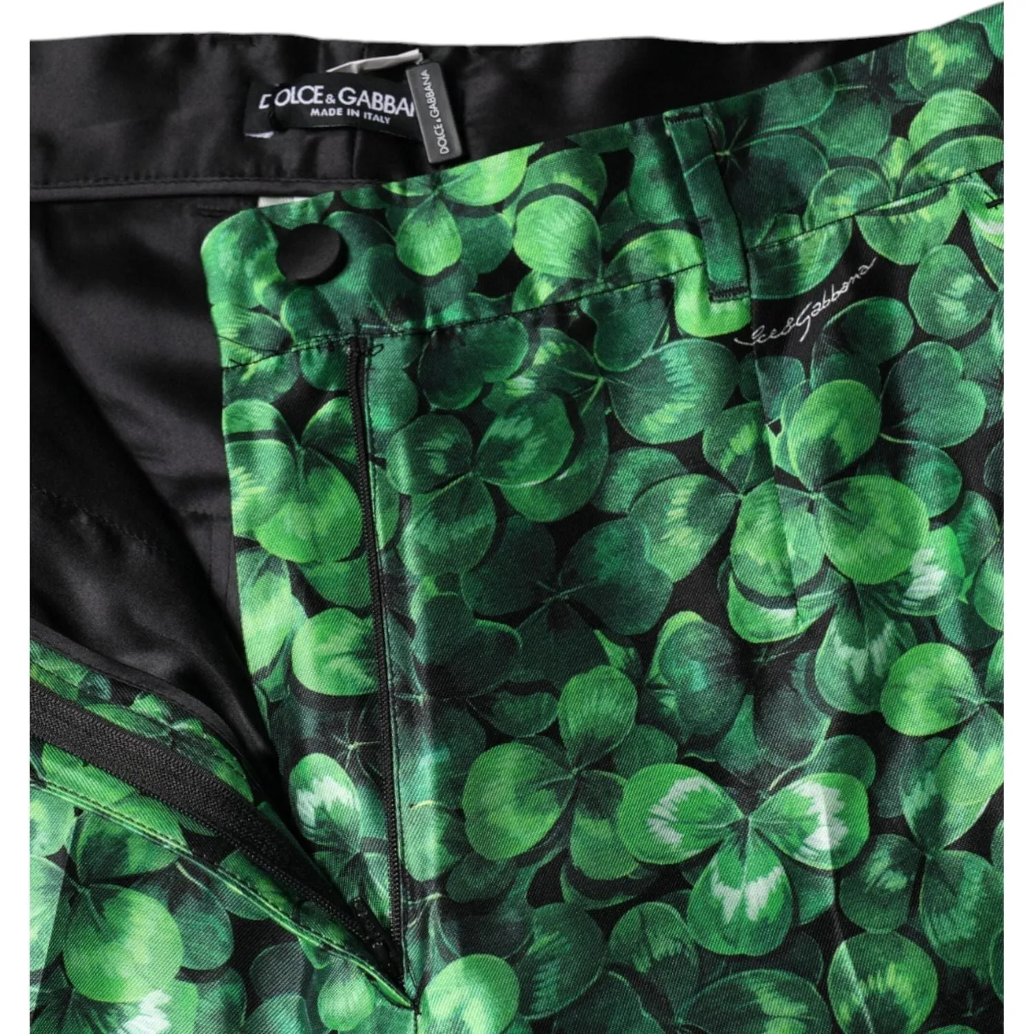 Dolce & Gabbana Green Clover Silk Satin High Waist Tapered Pants