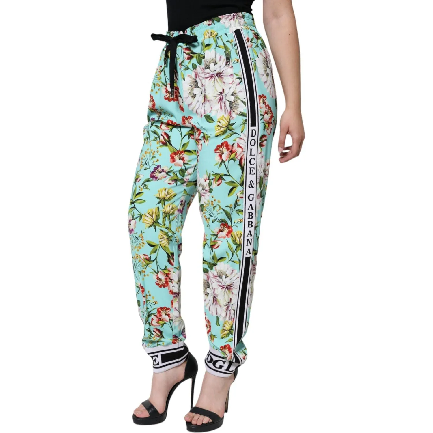 Dolce & Gabbana Green Floral Mid Waist Jogger Women Pants