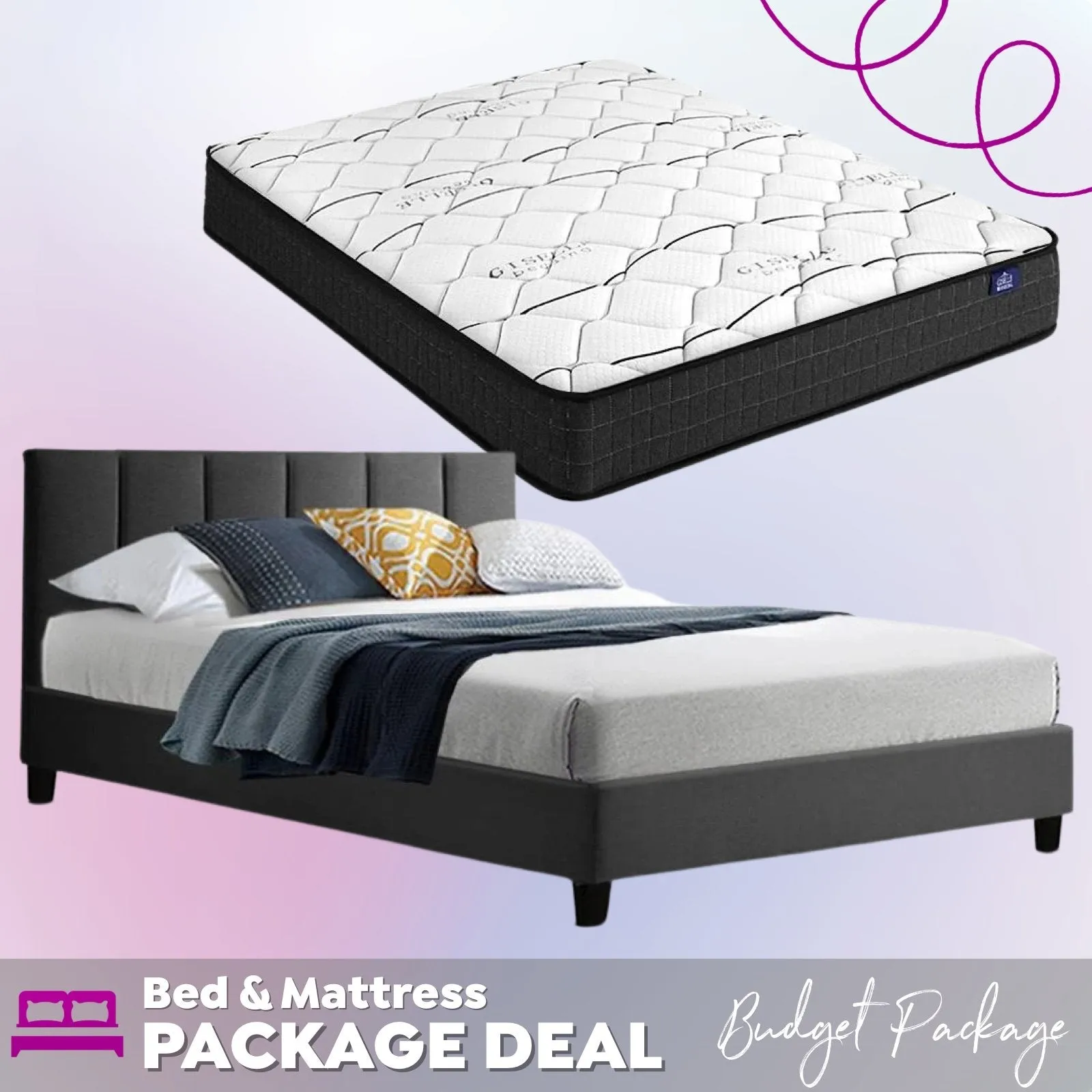 Double Package | Alma Bed Charcoal & Glay Bonnell Spring Mattress (Medium Firm)