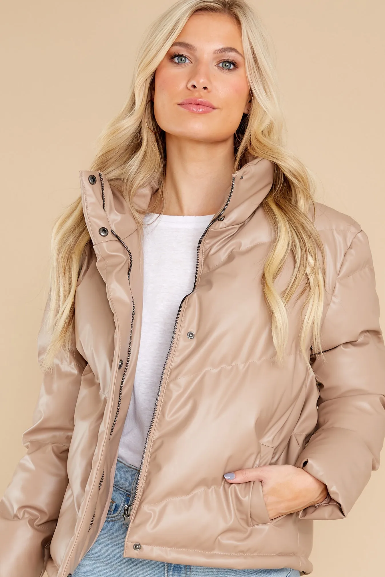 Downtown Tan Faux Leather Puffer Jacket