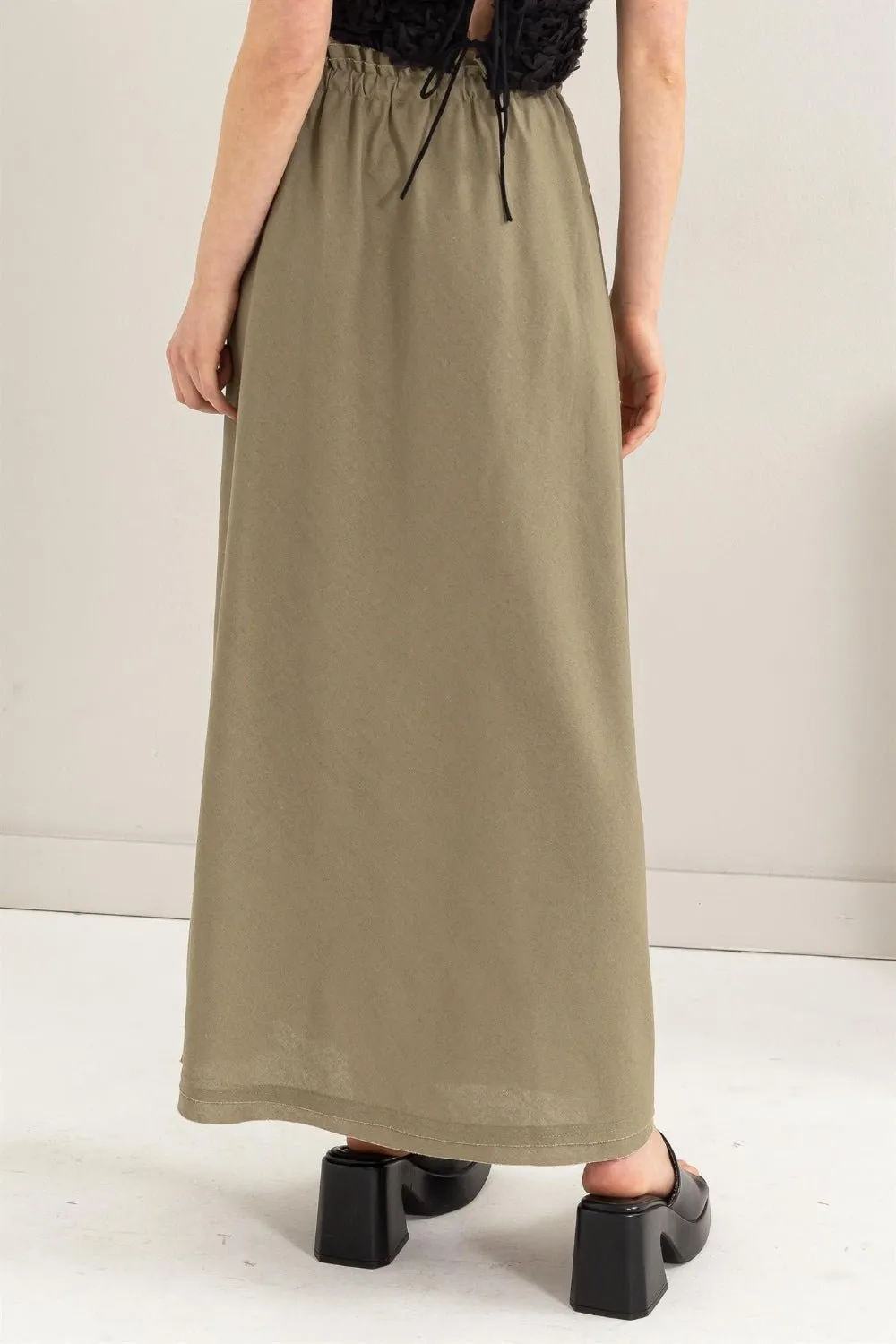 Drawstring Washed Linen Maxi Skirt