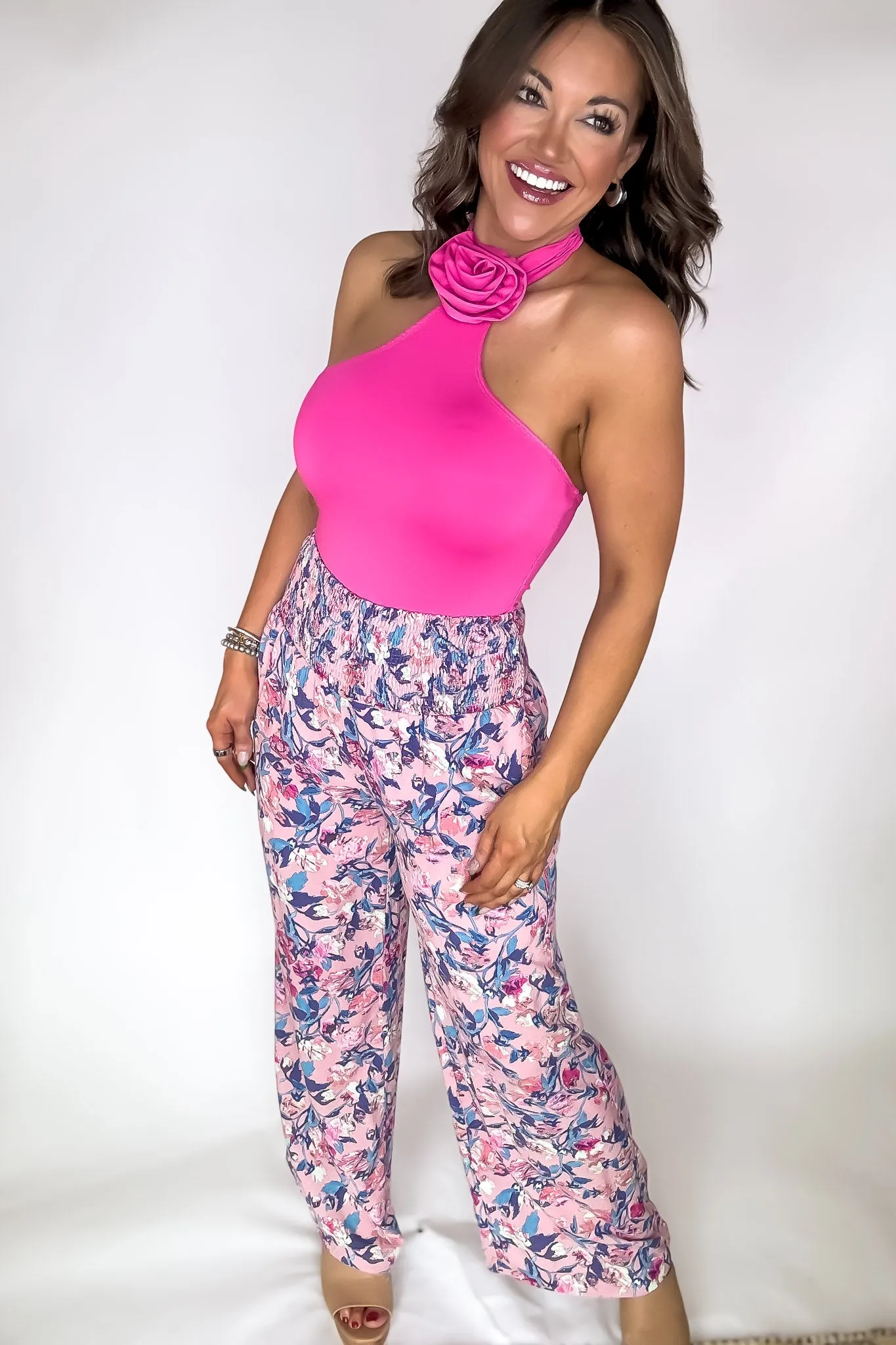 Exclusive Floral Print Smocked Flowy Pants