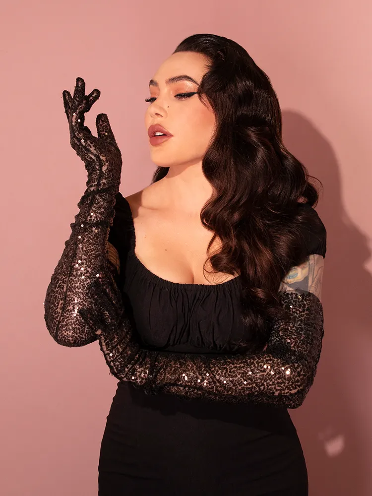 FINAL SALE - Full-Length Opera Gloves in Black Sequins