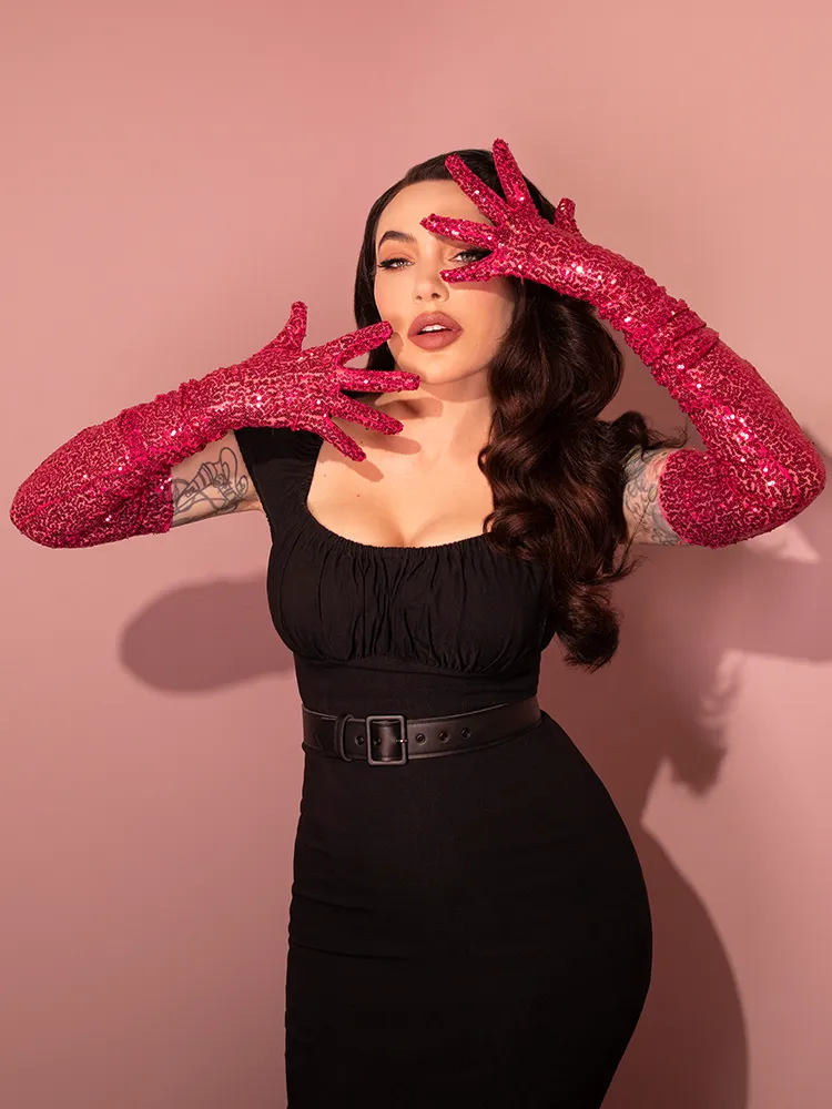 FINAL SALE - Full-Length Opera Gloves in Hot Pink Sequins