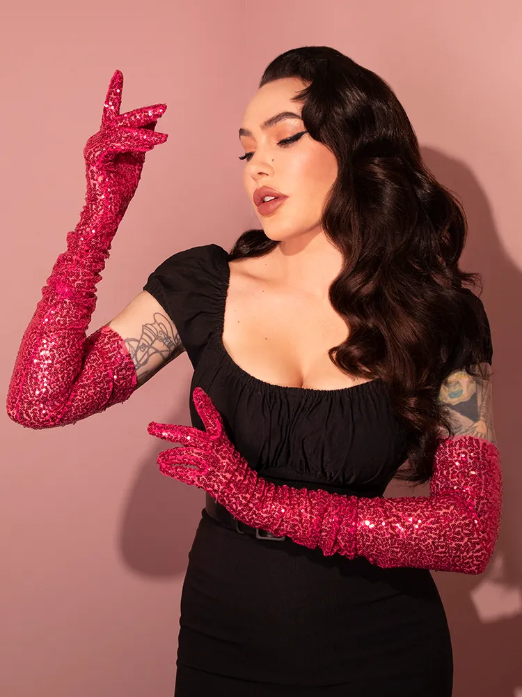 FINAL SALE - Full-Length Opera Gloves in Hot Pink Sequins