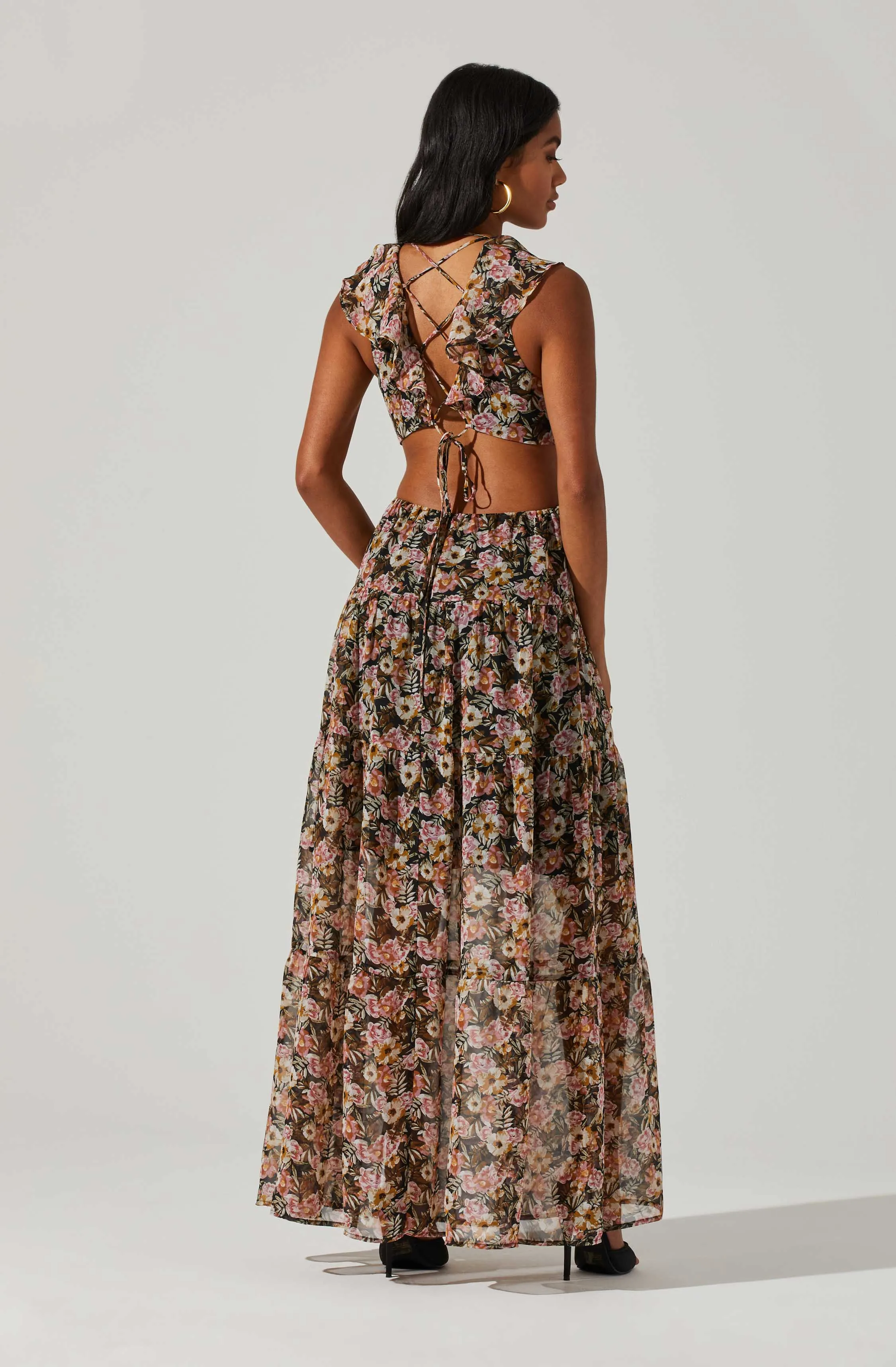 Floral Ruffle Cutout Maxi Dress