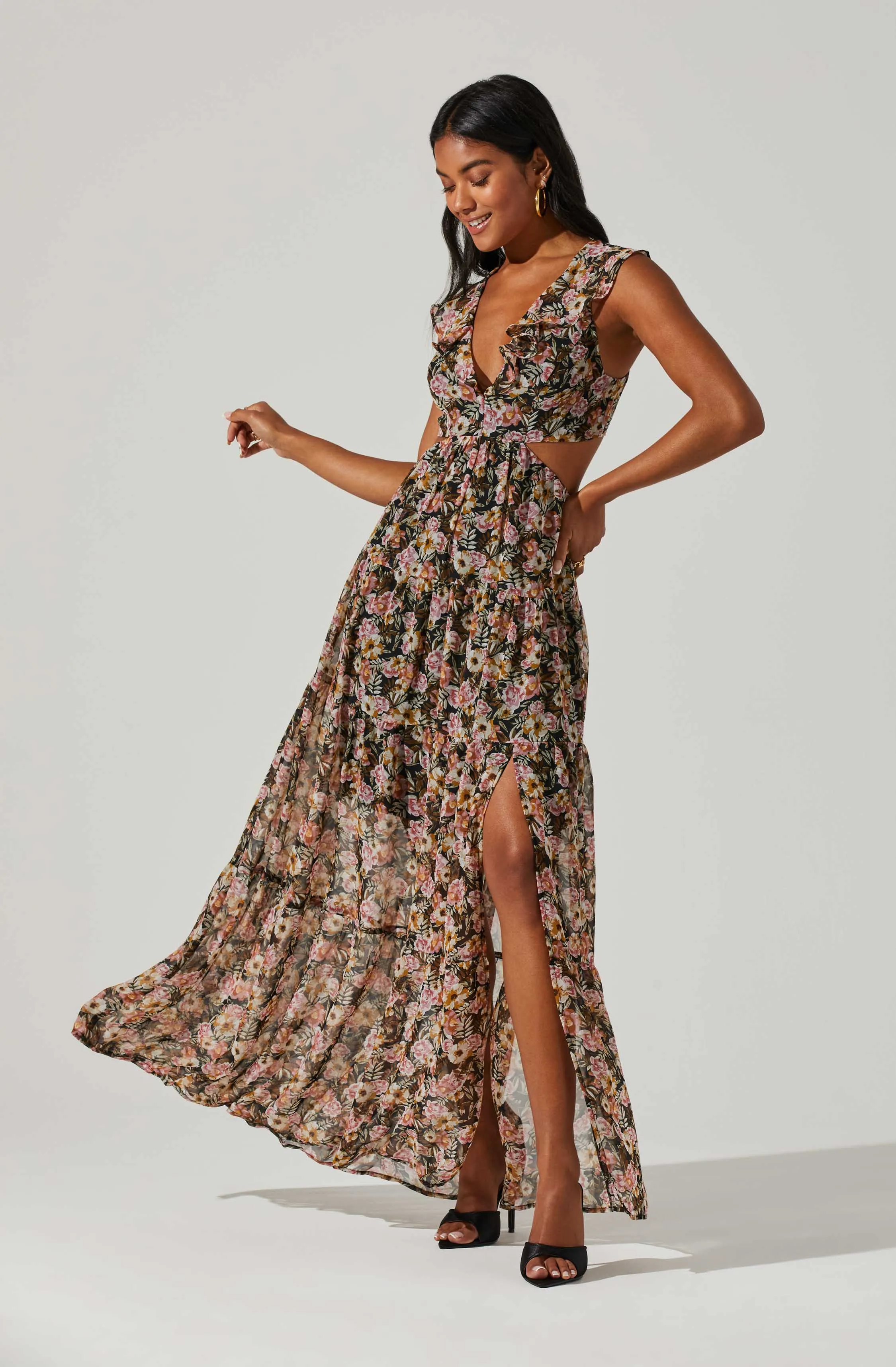 Floral Ruffle Cutout Maxi Dress