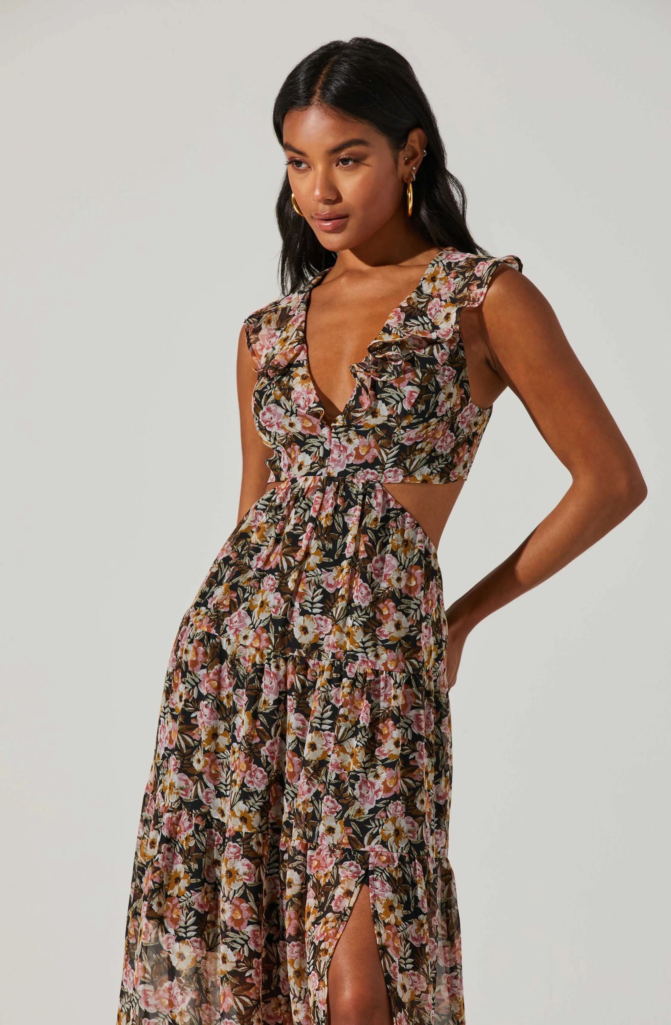 Floral Ruffle Cutout Maxi Dress