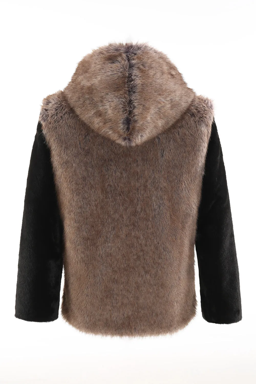 Fluffy Brown Faux Fur Short Men's Coat with Hood