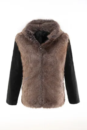 Fluffy Brown Faux Fur Short Men's Coat with Hood