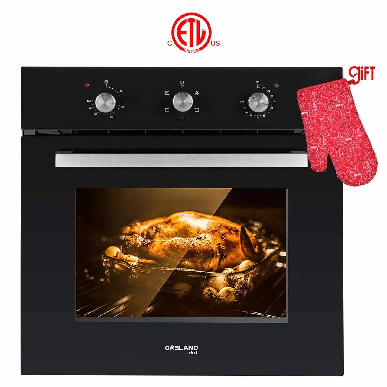 Gasland Chef ES606MB 24" Built-in Single Wall Oven, 6 Cooking Function, Full American Black Glass Electric Wall Oven With Cooling Down Fan