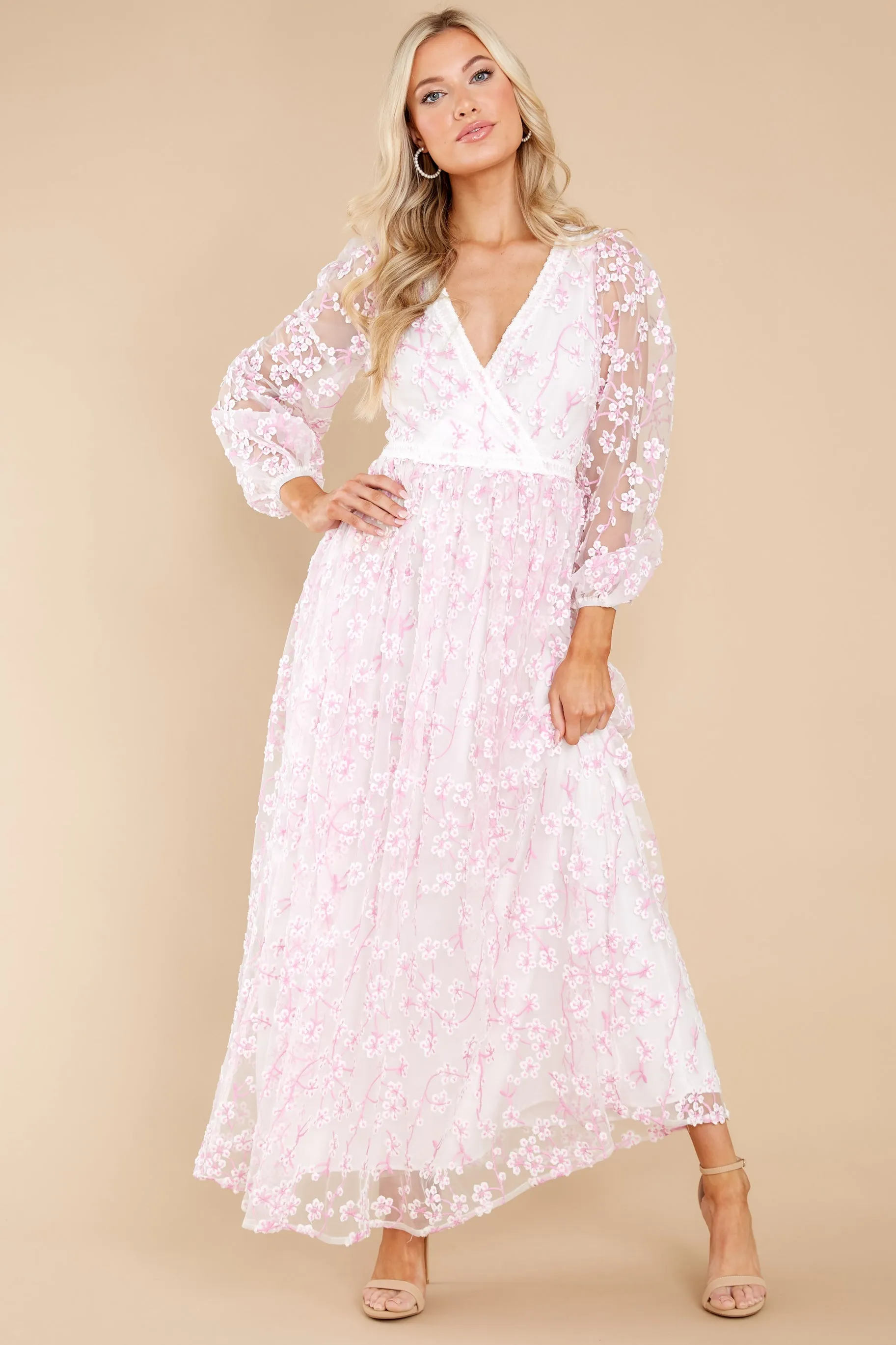 Heavenly Sights Pink And White Floral Embroidered Maxi Dress