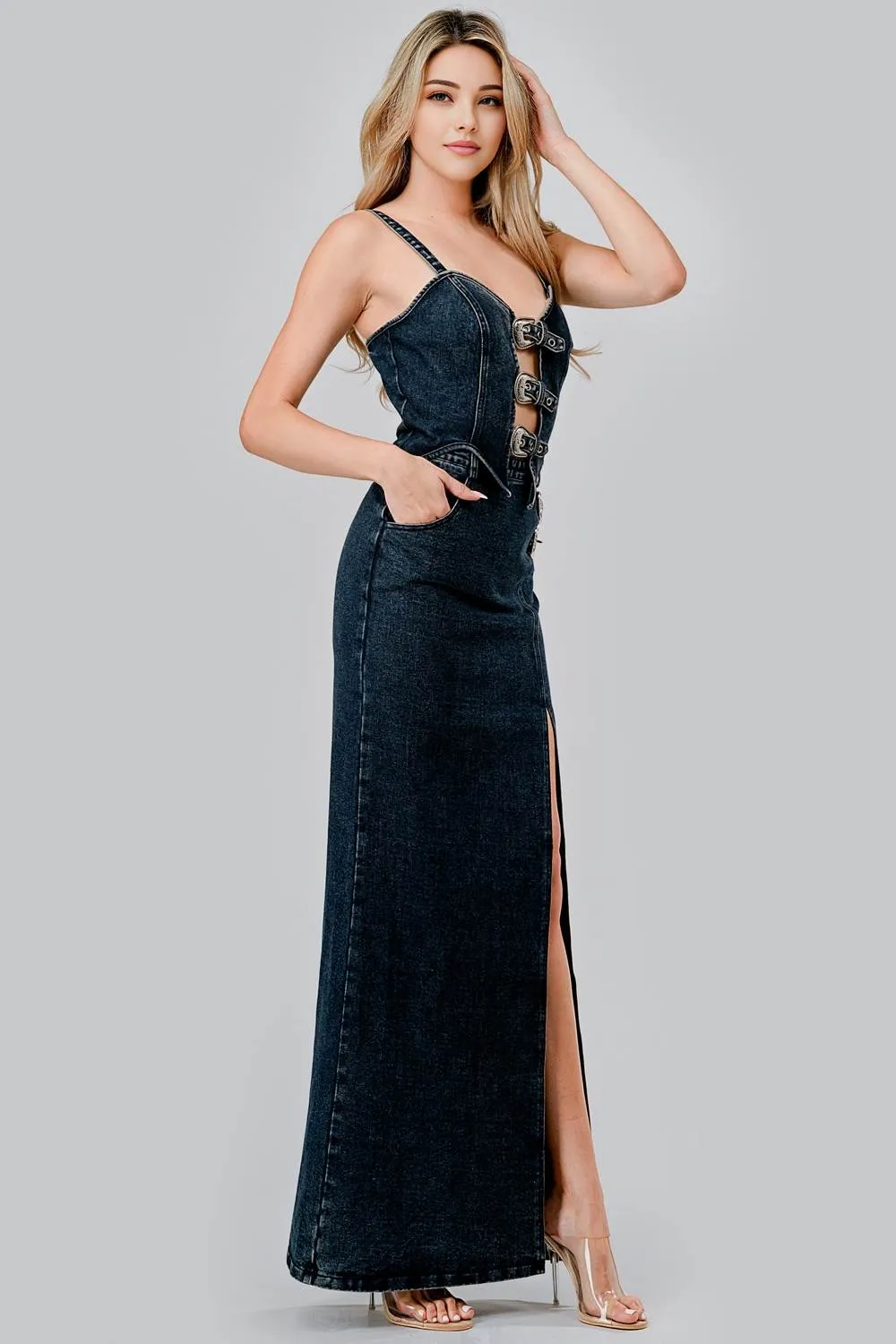 HEAVY DENIM BUCKLE BELTED TOP & MAXI SKIRT SETS