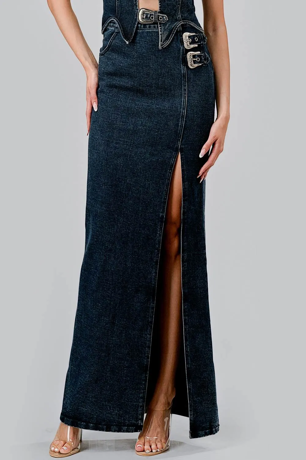 HEAVY DENIM BUCKLE BELTED TOP & MAXI SKIRT SETS