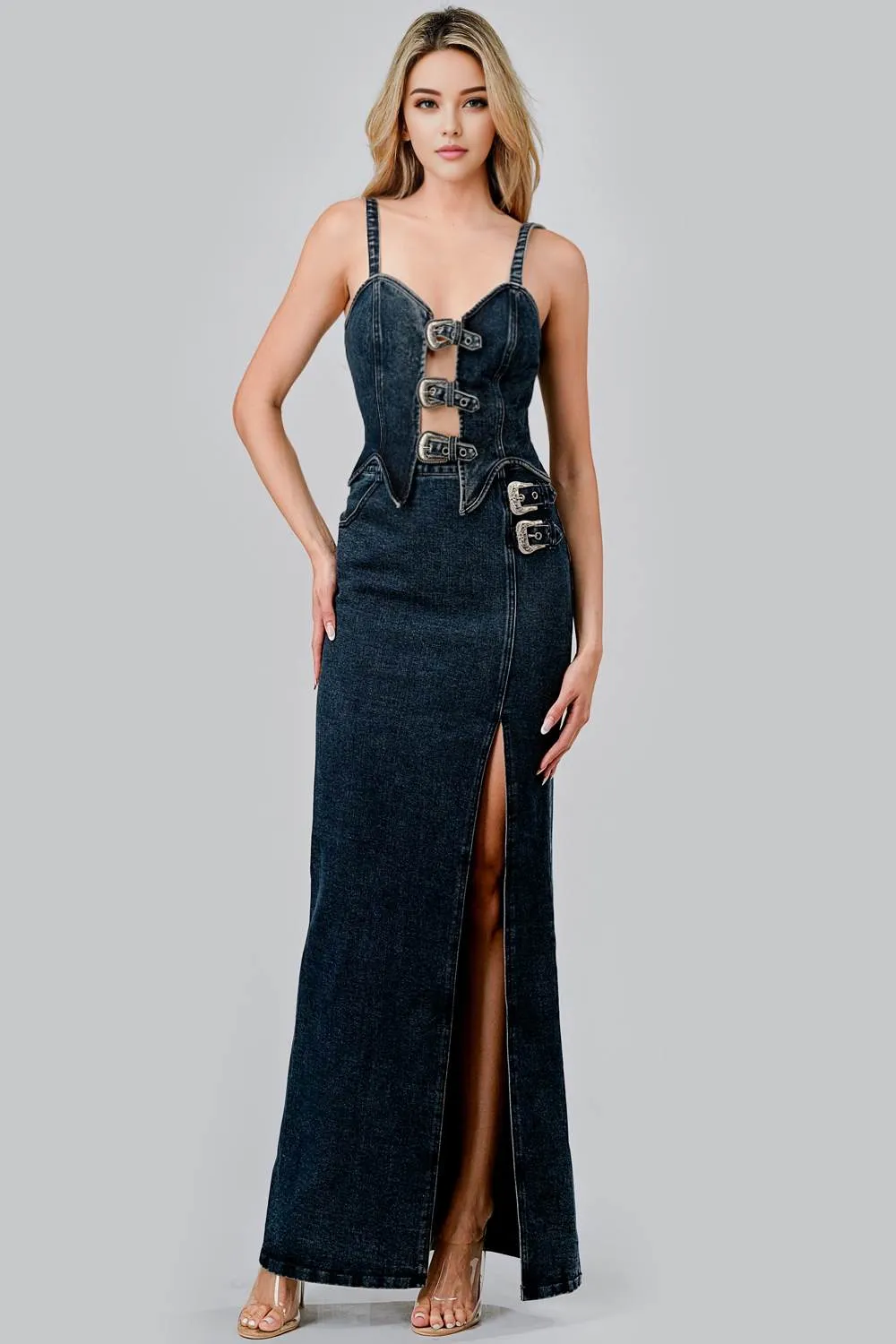 HEAVY DENIM BUCKLE BELTED TOP & MAXI SKIRT SETS