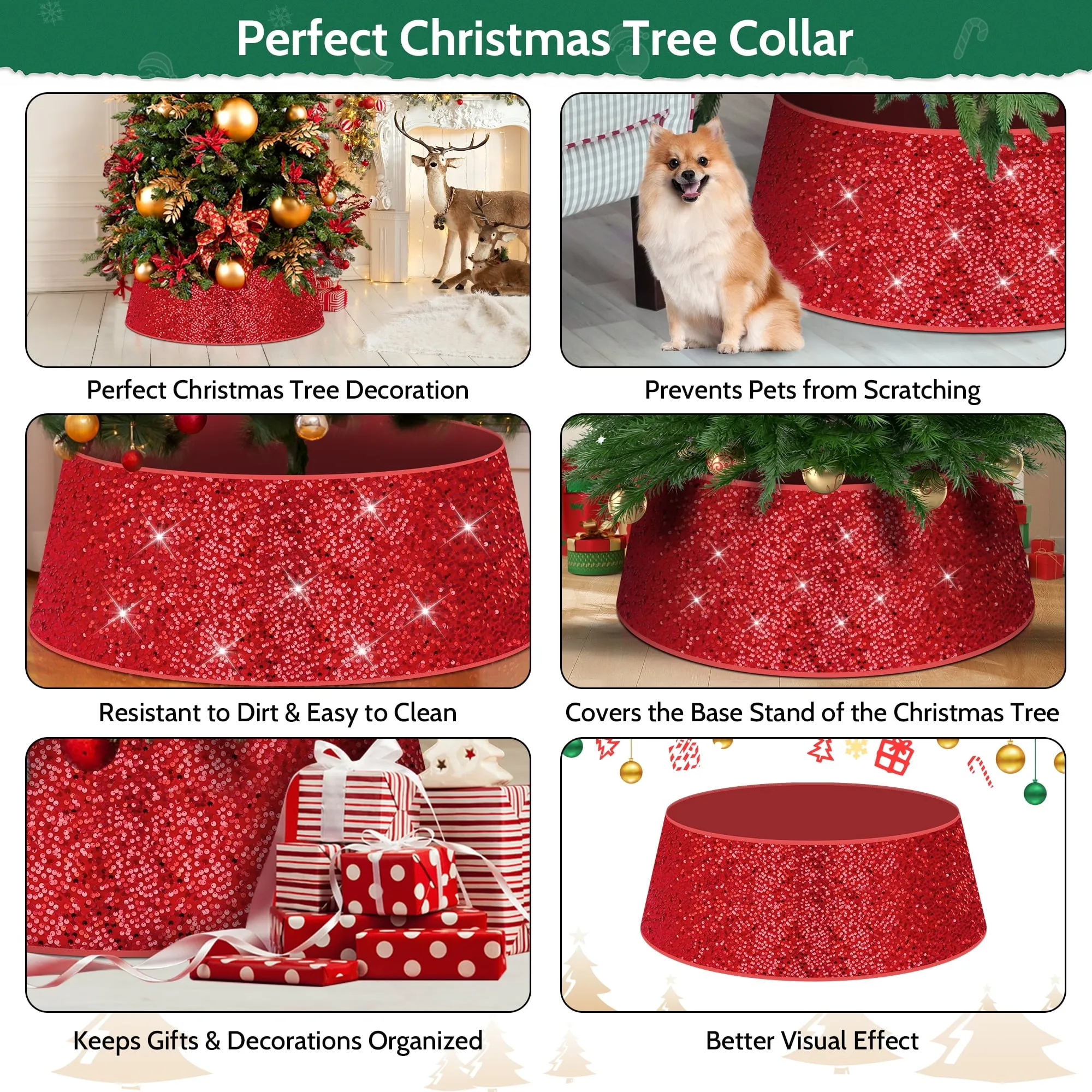 IZNEN 34" Sequin Christmas Tree Collar,Tree Bottom Base,Red