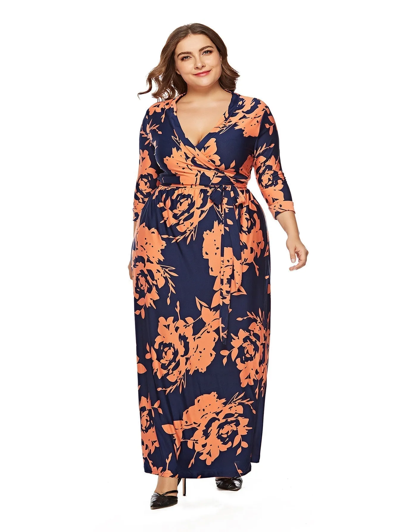 KittenAlarm - Women's Printed Plus Size Stand Collar 3/4 Sleeve Long Wrap Dress