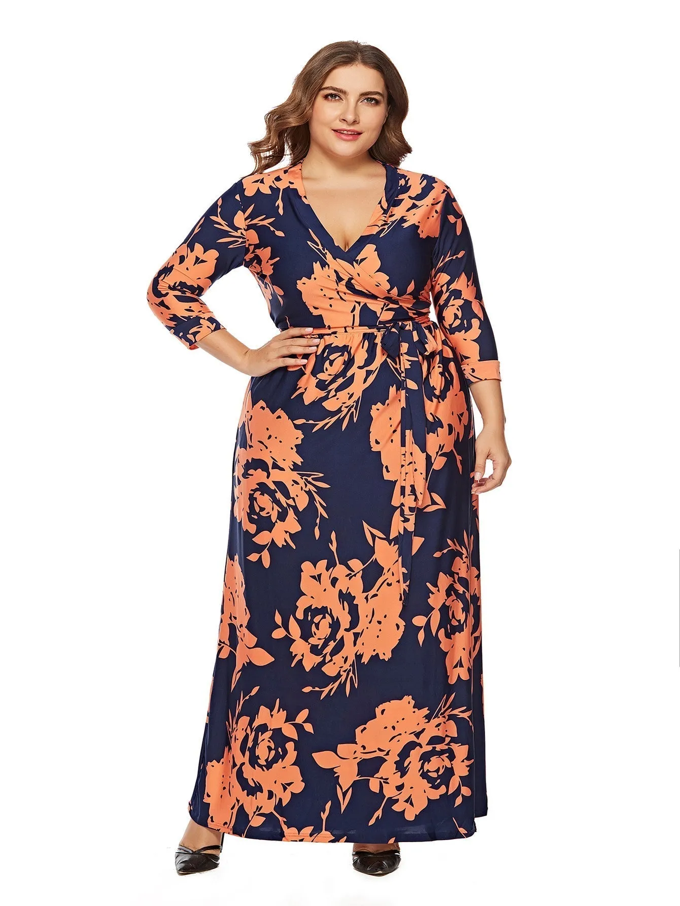 KittenAlarm - Women's Printed Plus Size Stand Collar 3/4 Sleeve Long Wrap Dress