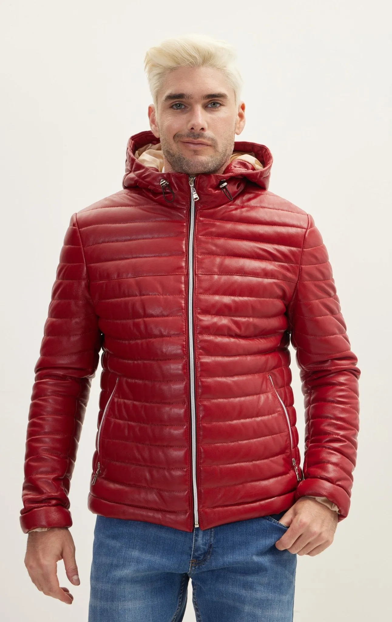 Lambskin Leather Puffer Jacket With Hoodie- Red