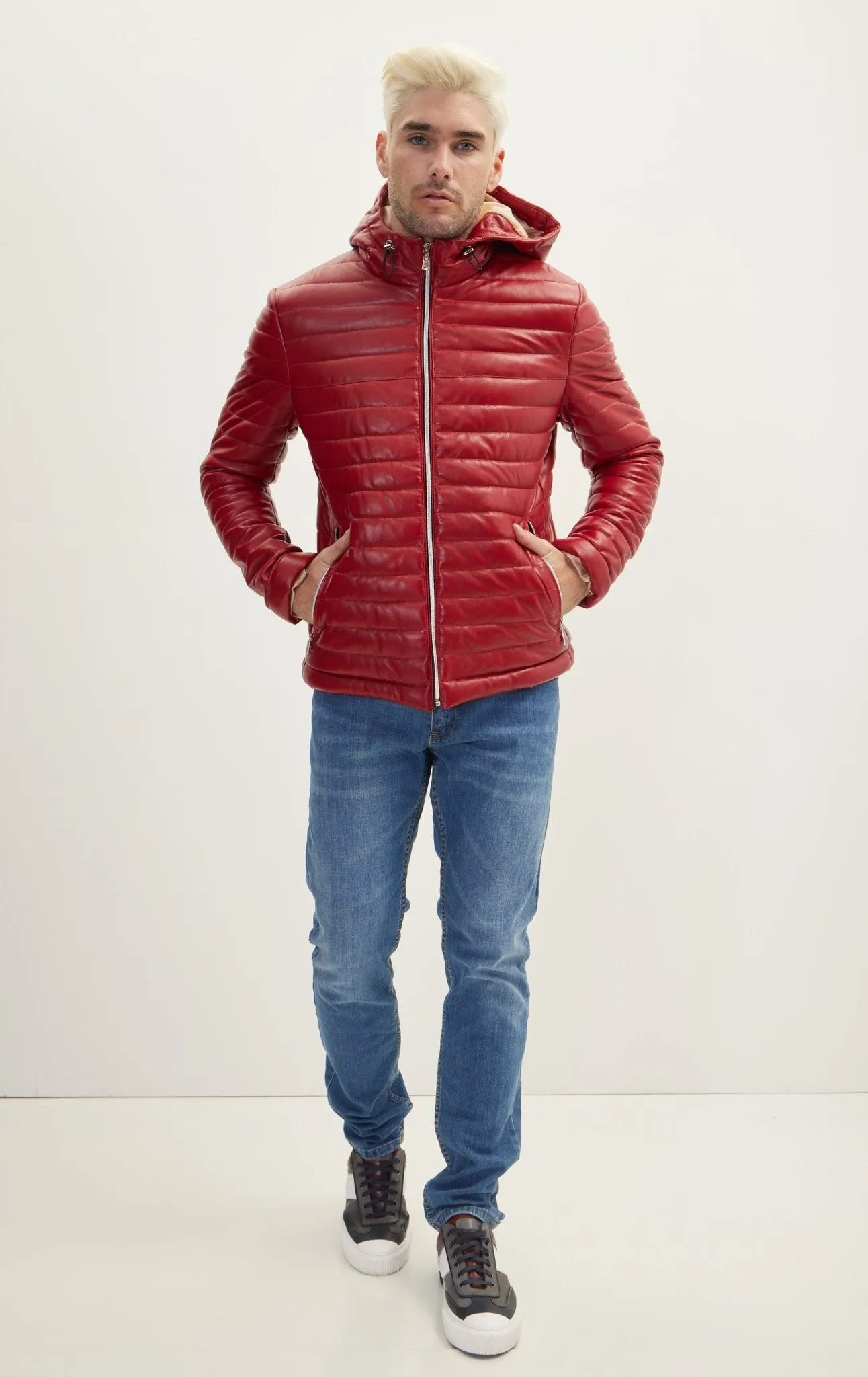 Lambskin Leather Puffer Jacket With Hoodie- Red