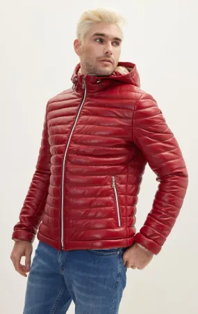 Lambskin Leather Puffer Jacket With Hoodie- Red