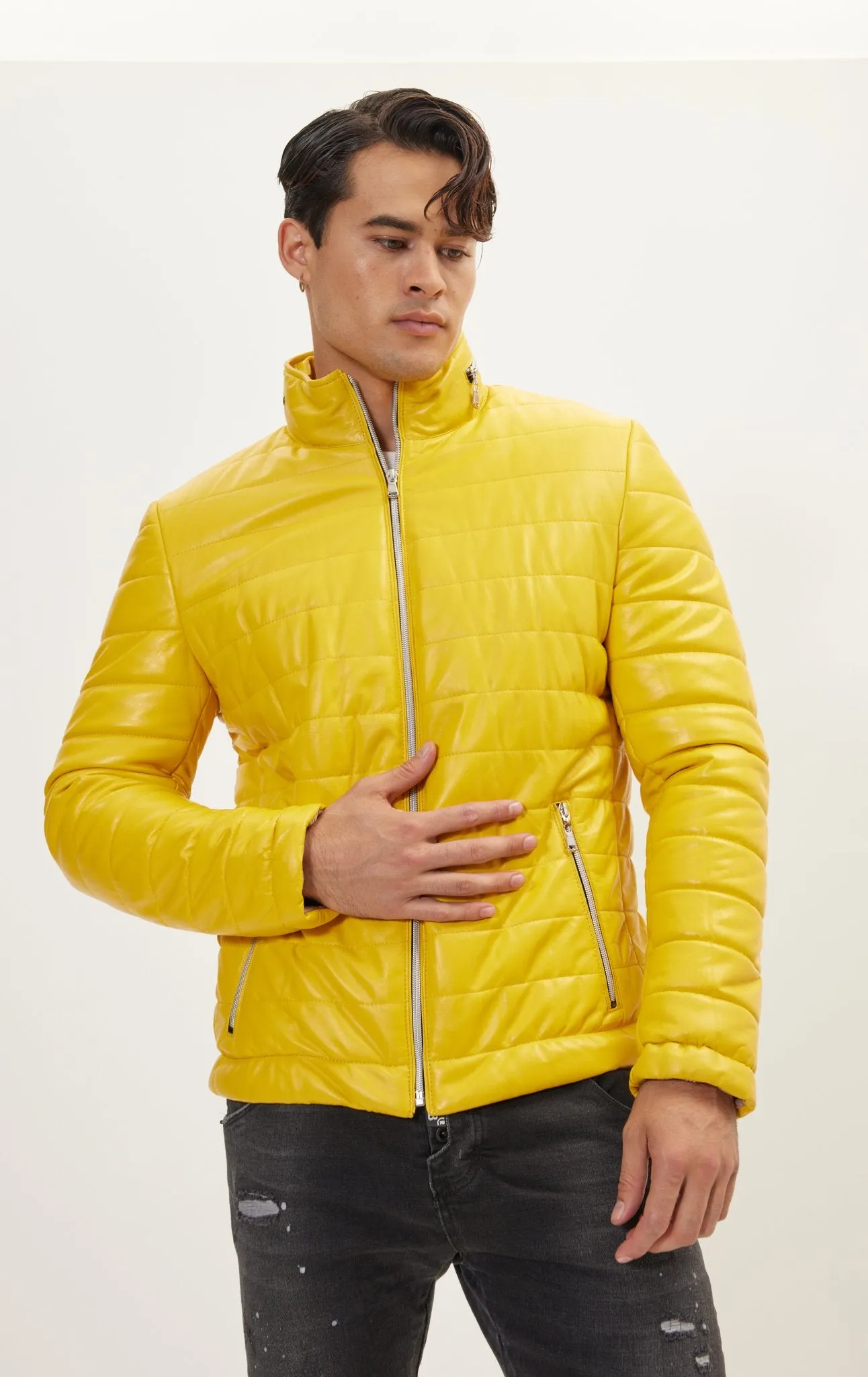 Lambskin Leather Puffer Jacket - Yellow