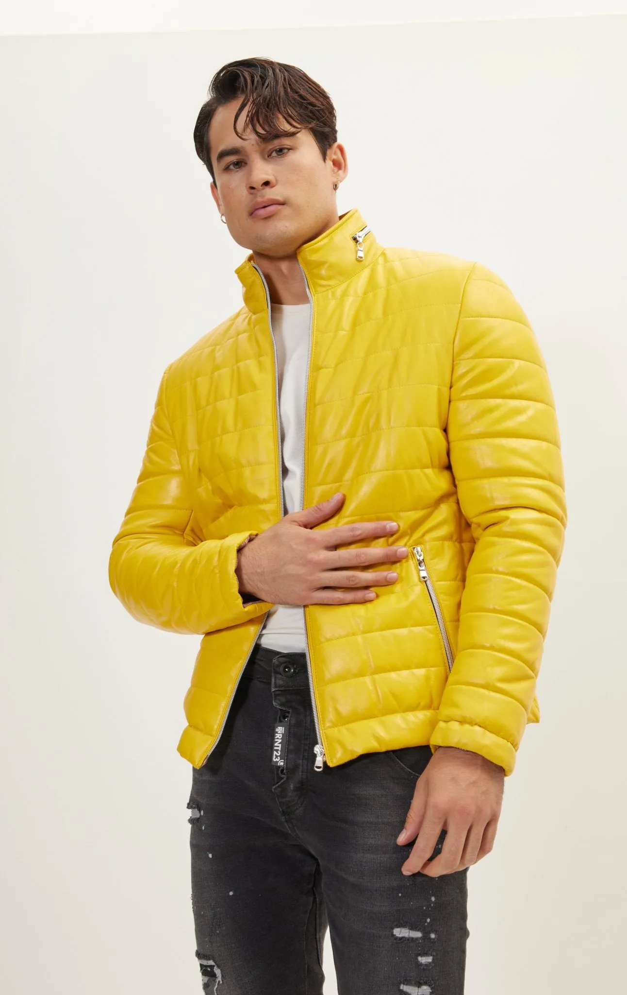 Lambskin Leather Puffer Jacket - Yellow