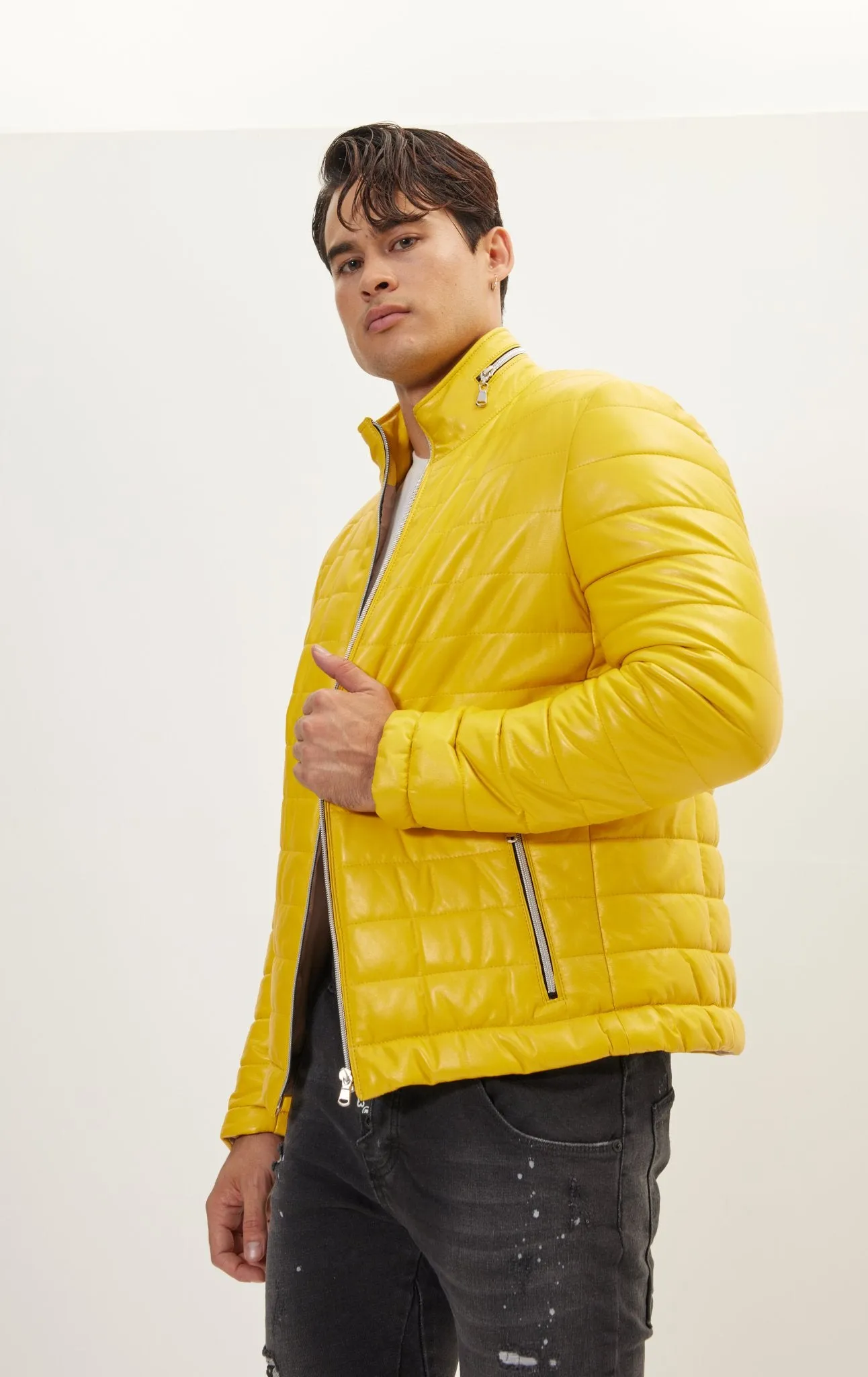 Lambskin Leather Puffer Jacket - Yellow