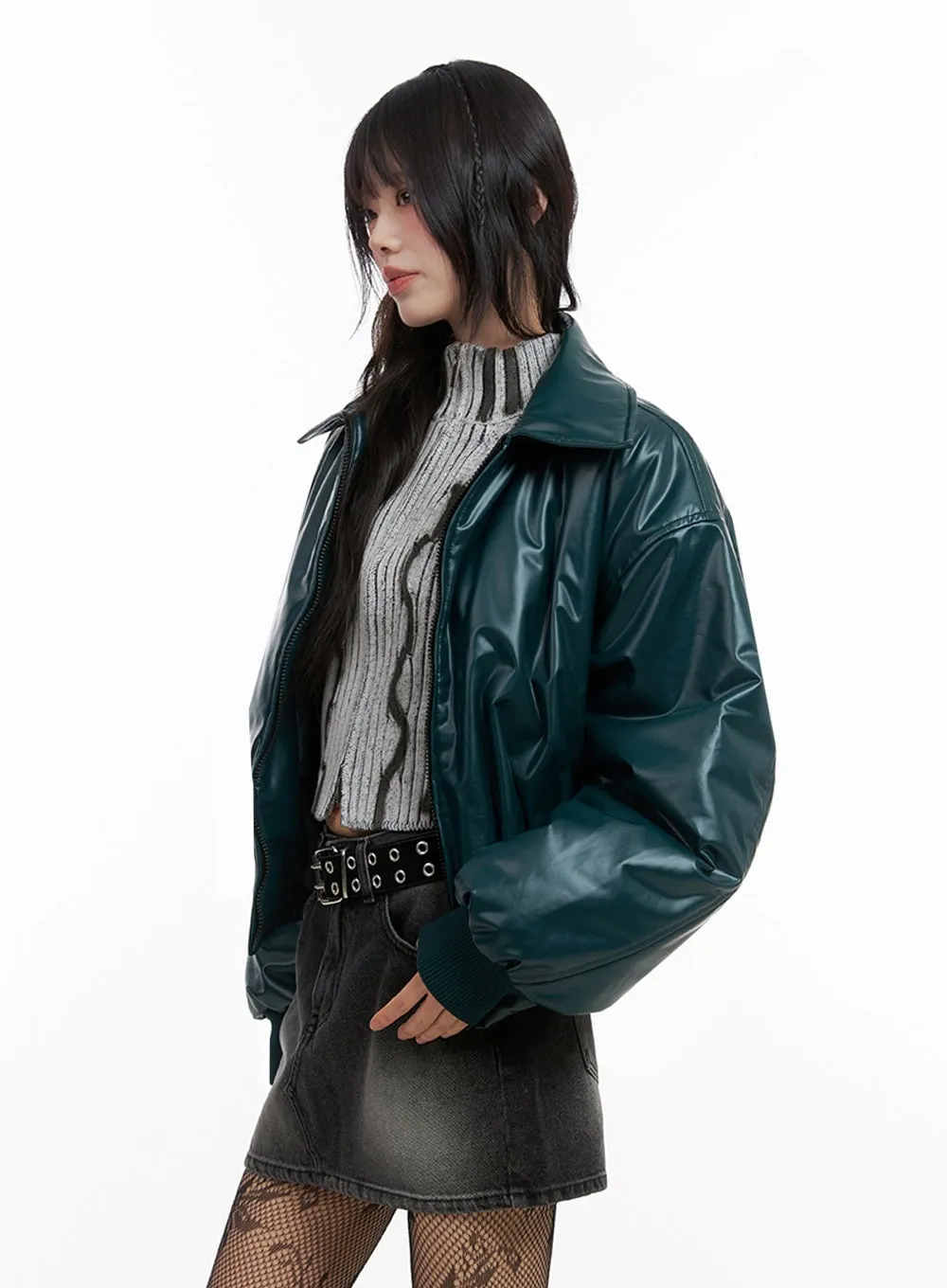 Leather Padded Puffer Jacket IO430