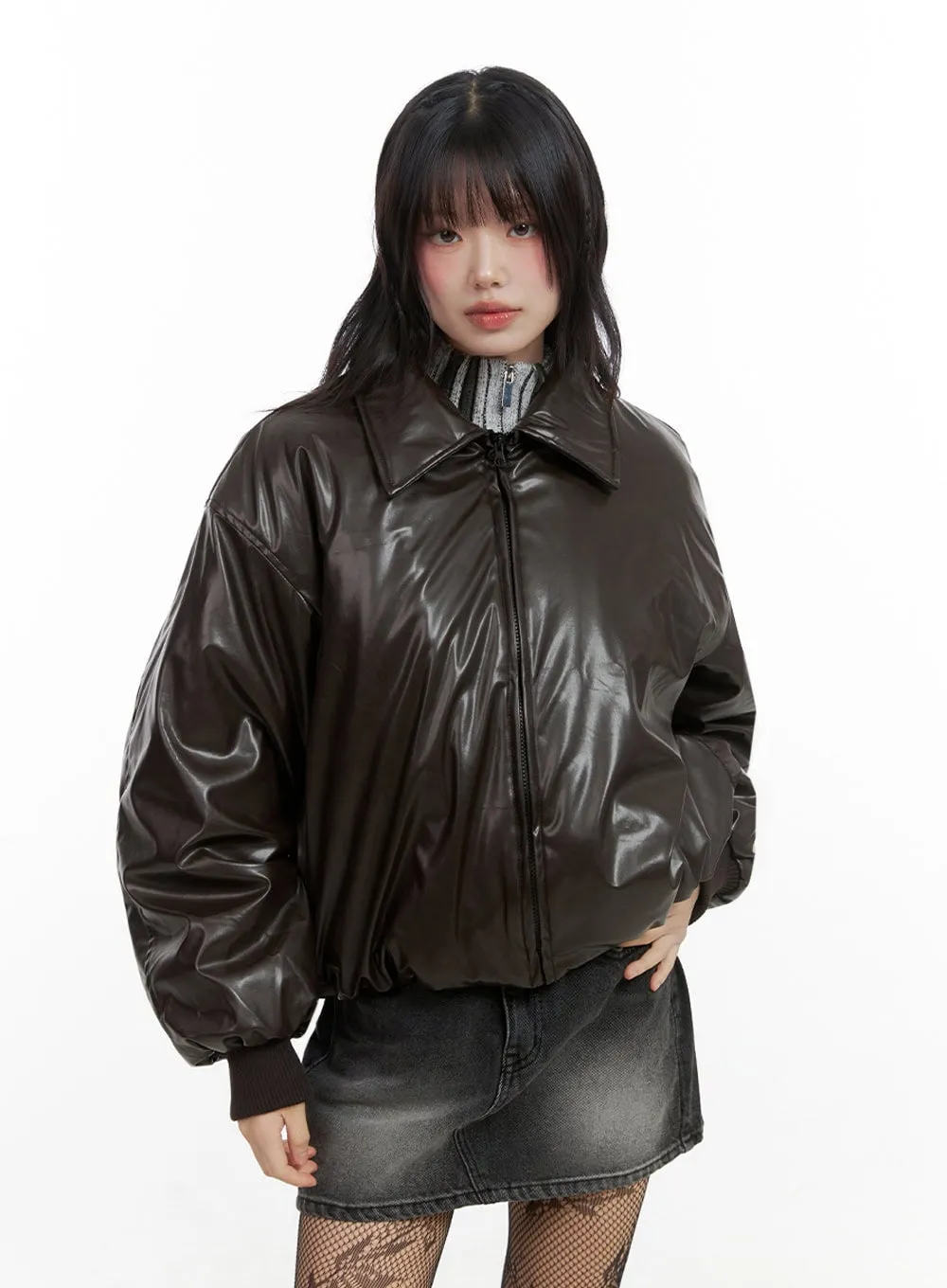 Leather Padded Puffer Jacket IO430