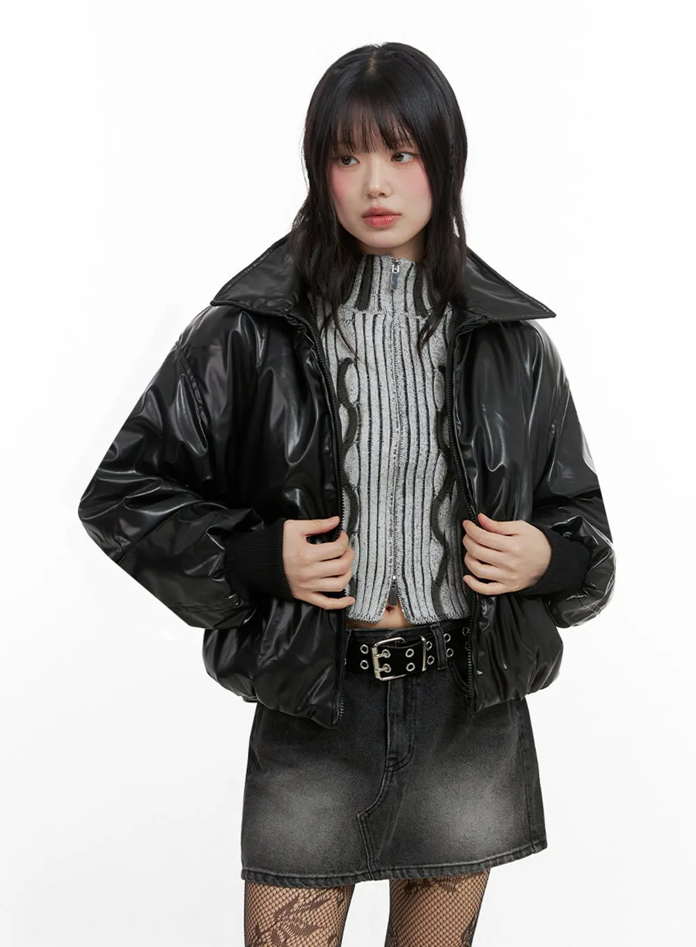 Leather Padded Puffer Jacket IO430