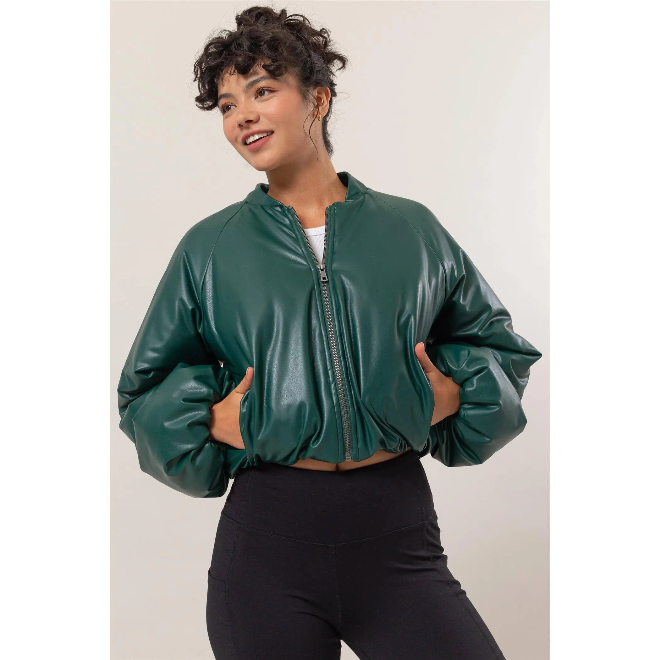 Leather Puffer Bomber Jacket