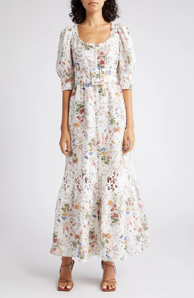 Linen Belt Dress in Flower Garden