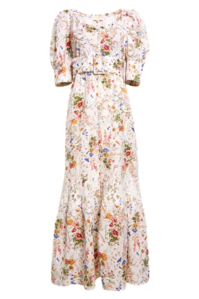 Linen Belt Dress in Flower Garden